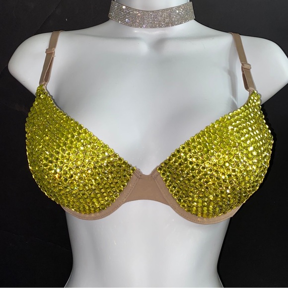 Crystal Rhinestone Classic Yellow Glam Bling Nude Bra Top All Sizes New - Picture 1 of 12